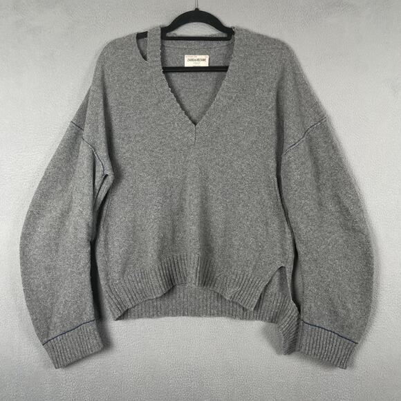 Zadig & Voltaire Sweater Womens Small Gray Stoned MRC Cashmere Wool V Neck Italy - Picture 1 of 14